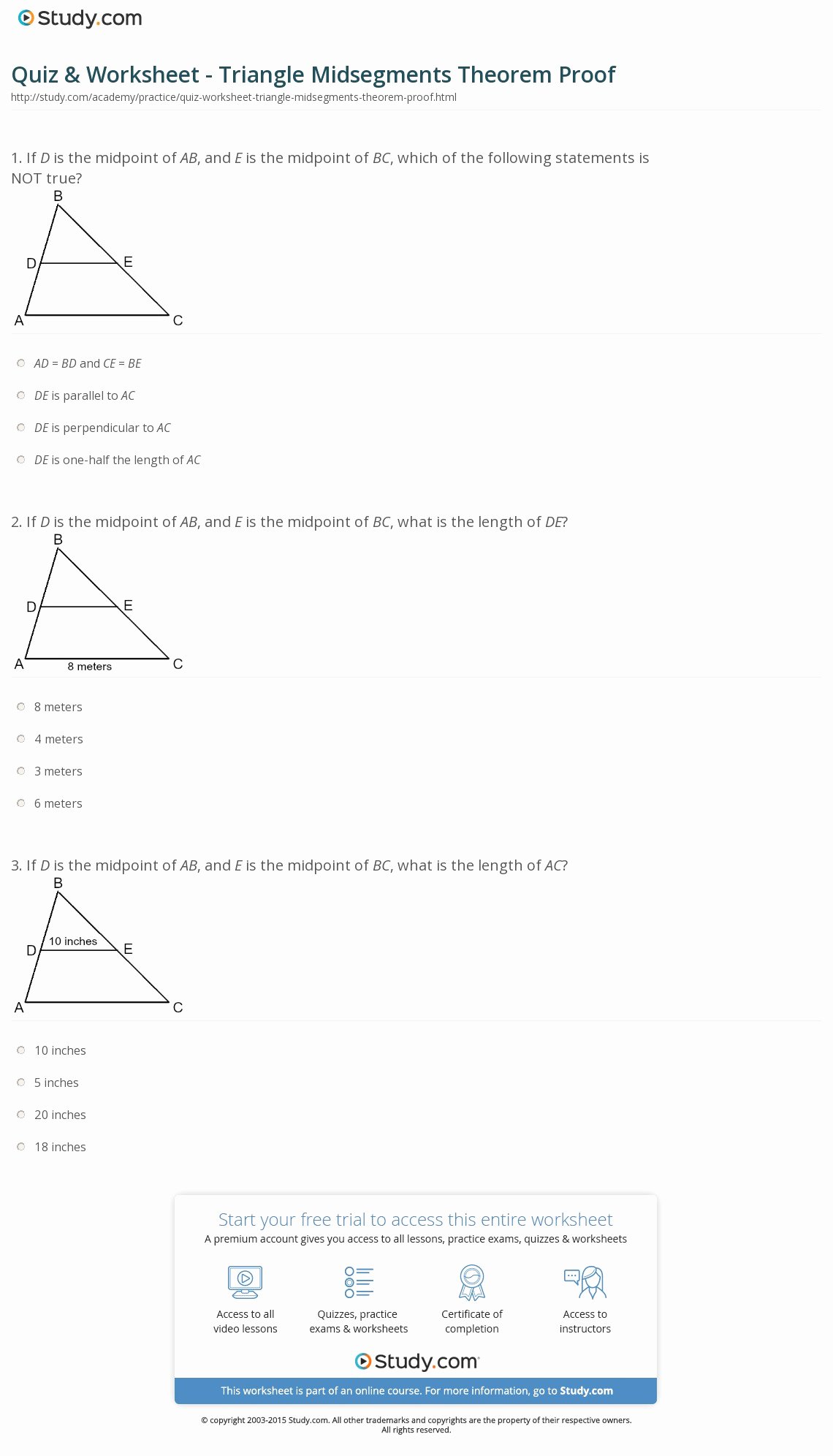 Midsegment theorem Worksheet Answer Key Unique Quiz &amp; Worksheet Triangle Midsegments theorem Proof