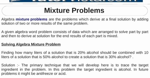 Mixture Word Problems Worksheet Best Of Algebra Mixture Problems are the Problems which Derive at