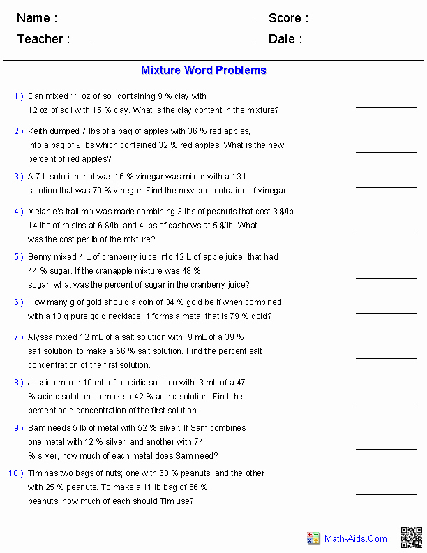 Mixture Word Problems Worksheet Unique Algebra 1 Worksheets