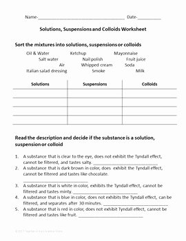 Mixtures and solutions Worksheet Answers Unique solutions Suspensions and Colloids Worksheet by Teacher