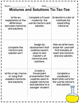 Mixtures and solutions Worksheet Awesome Mixtures and solutions Tictactoe Choice Board Extension