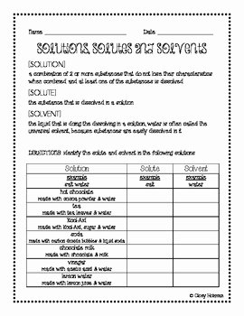 Mixtures and solutions Worksheet Best Of Mixtures &amp; solutions solute Vs solvent Handout