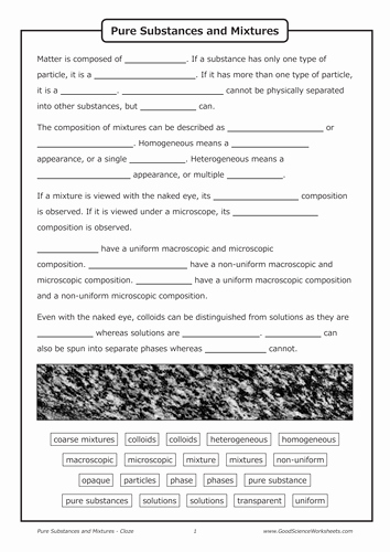 Mixtures and solutions Worksheet Unique Pure Substances and Mixtures [cloze Worksheet] by