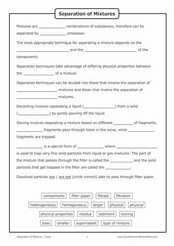 Mixtures Worksheet Answer Key Awesome Separation Of Mixtures [cloze Worksheet] by