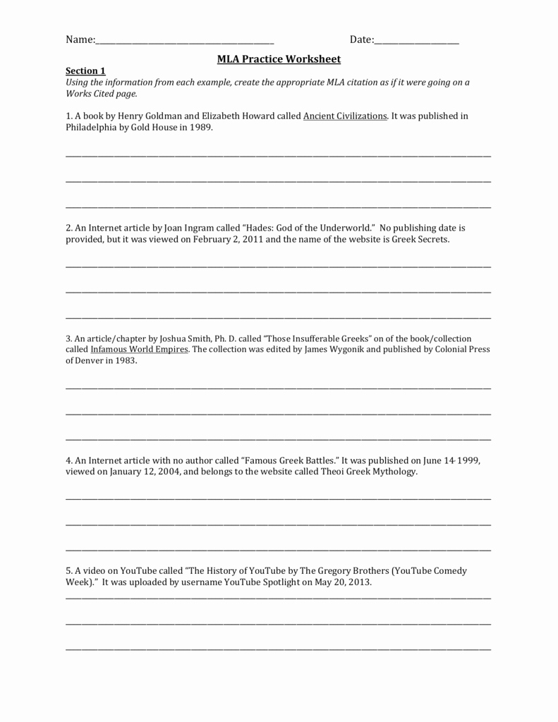 Mla Citation Practice Worksheet Best Of Mla Practice Worksheet