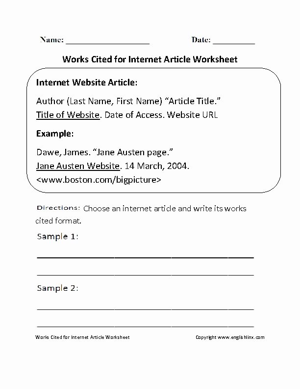 Mla Citation Practice Worksheet Elegant Works Cited for Internet Article Worksheet
