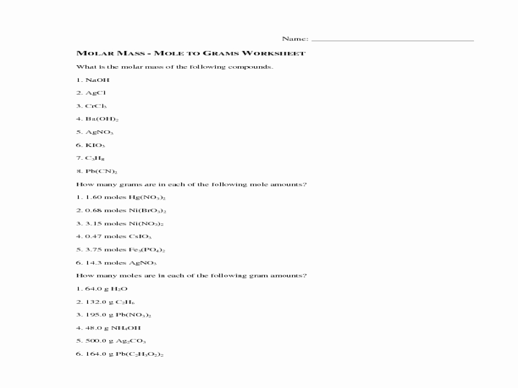 Molar Conversion Worksheet Answers Beautiful Molar Mass Mole to Grams Worksheet Worksheet for 9th