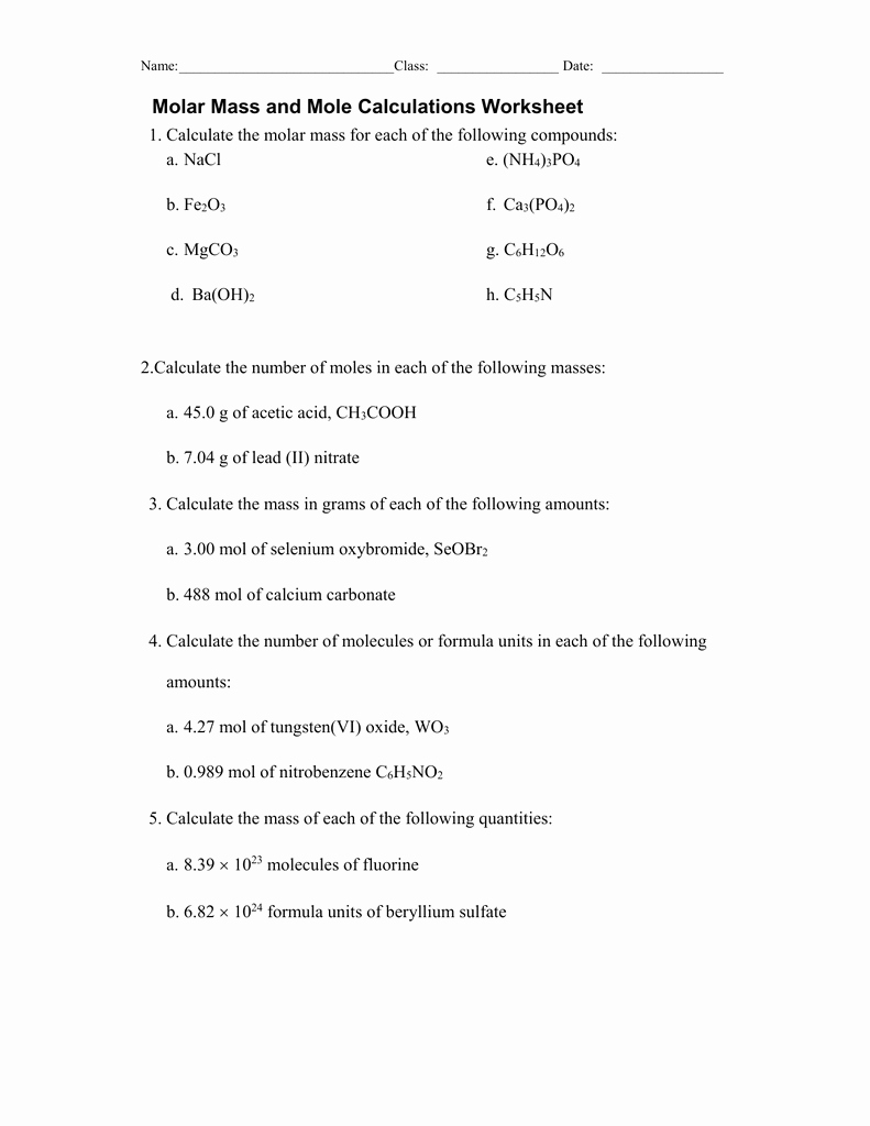 Molar Conversion Worksheet Answers Best Of Molar Mass and Mole Calculations Worksheet