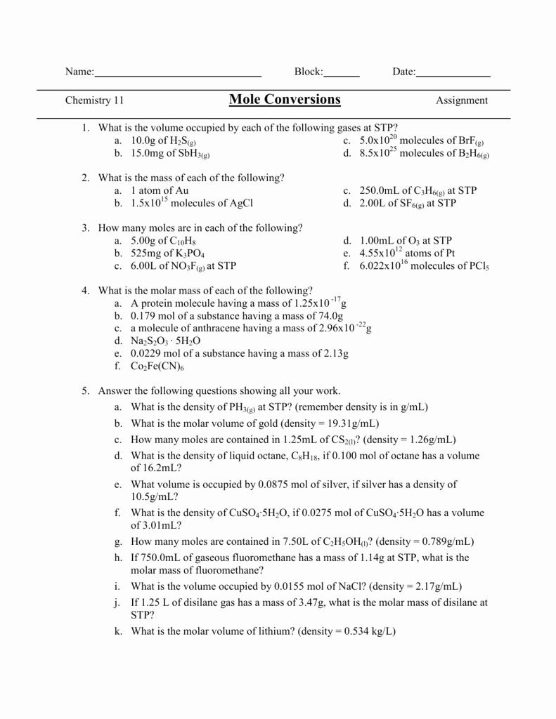 Molar Conversion Worksheet Answers Best Of Molar Volume Worksheet Answers