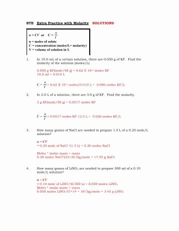 Molarity Practice Worksheet Answer Awesome Molarity Practice Worksheet