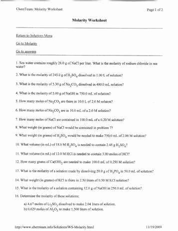 Molarity Practice Worksheet Answer New Molarity Practice Worksheet Answers