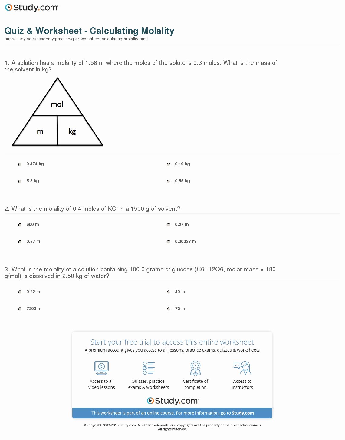 Molarity Practice Worksheet Answer Unique Quiz &amp; Worksheet Calculating Molality