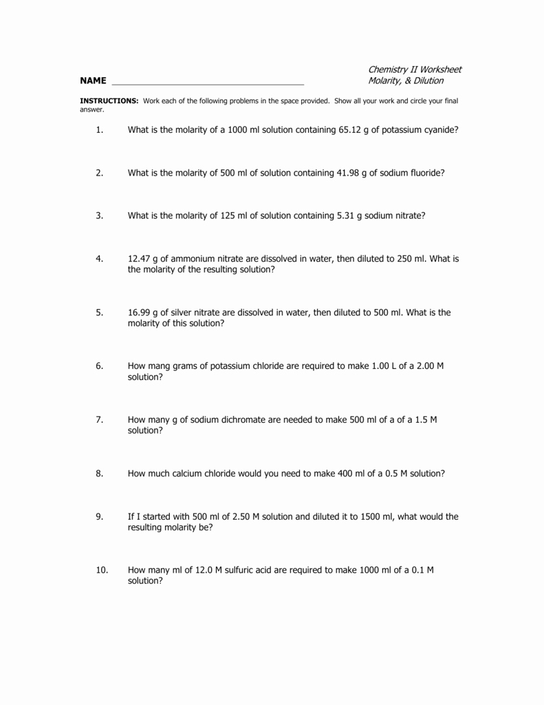 Molarity Worksheet Answer Key Best Of Chemistry Ii Worksheet Name Molarity &amp; Dilution 1 What