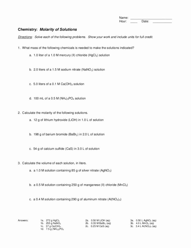 Molarity Worksheet Answer Key Luxury Molarity Of solutions Worksheet for 10th Higher Ed