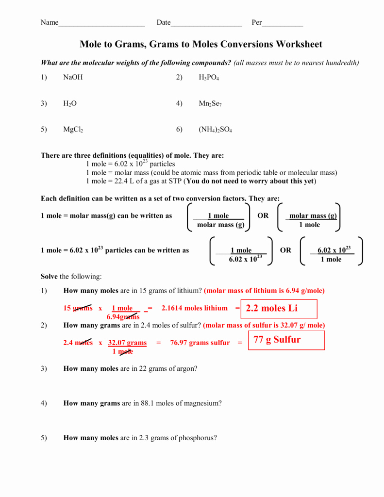 Mole Worksheet #1 Beautiful 1 Mole Calculation Worksheet