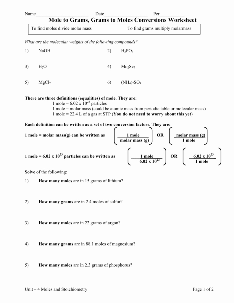 Mole Worksheet #1 Beautiful Mole Calculations Worksheet