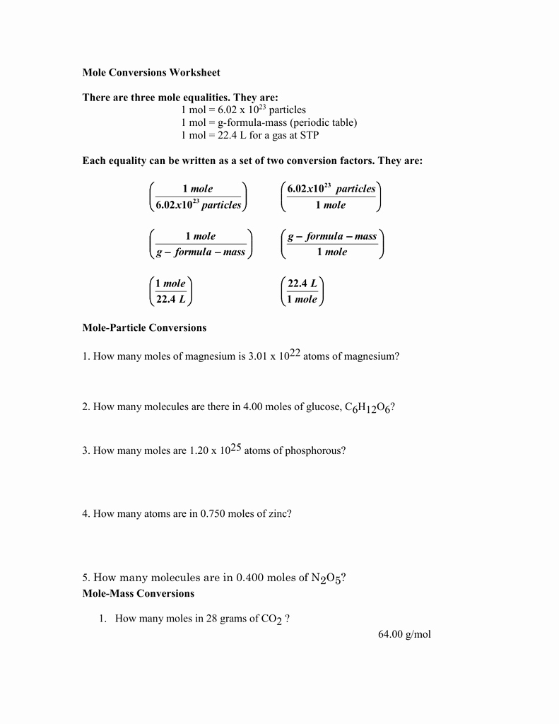 Mole Worksheet #1 Elegant Mole Conversions Worksheet