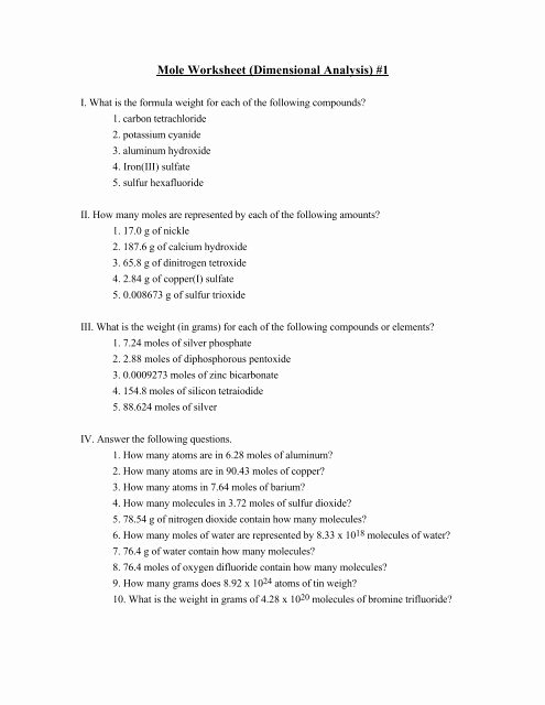 Mole Worksheet #1 Elegant Mole Worksheet Dimensional Analysis 1