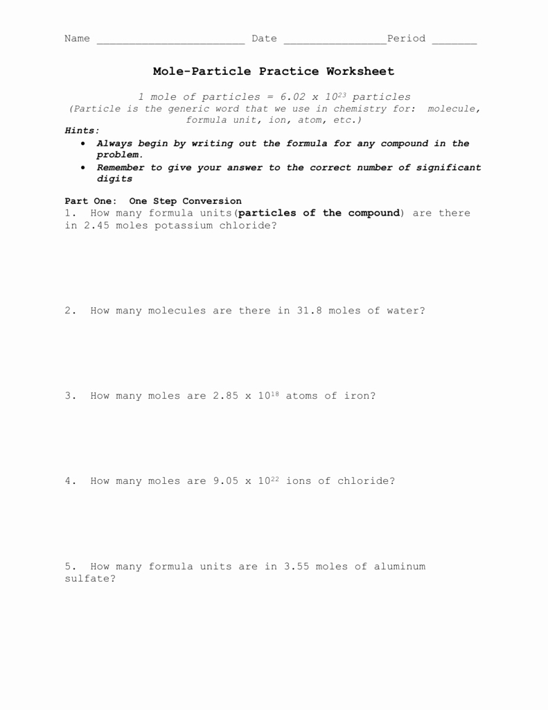 Mole Worksheet #1 Luxury Mole Particle Practice Worksheet
