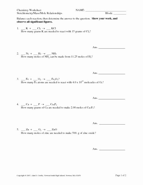 Mole Worksheet #1 Unique Stoichiometry Mass Mole Relationships Worksheet for 10th