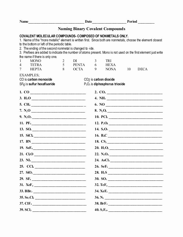 Molecules and Compounds Worksheet Awesome Naming Binary Covalent Pounds with Key