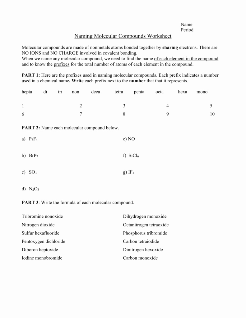 Molecules and Compounds Worksheet Beautiful Naming Molecular Pounds Worksheet