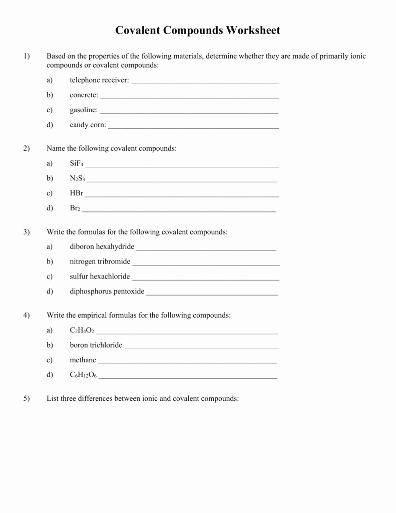 Molecules and Compounds Worksheet New Covalent Pounds Worksheet