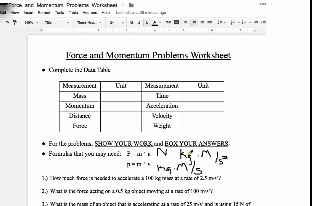 Momentum Worksheet Answer Key Best Of force and Momentum Worksheet