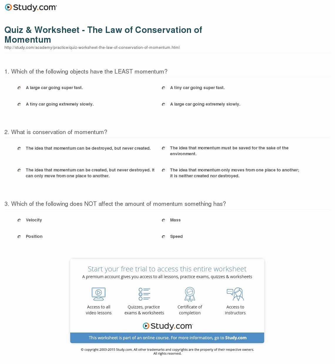 Momentum Worksheet Answer Key Unique Quiz &amp; Worksheet the Law Of Conservation Of Momentum