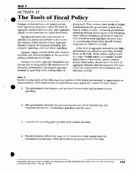 Monetary Policy Worksheet Answers Luxury the tools Of Fiscal Policy Worksheet for 10th 12th Grade