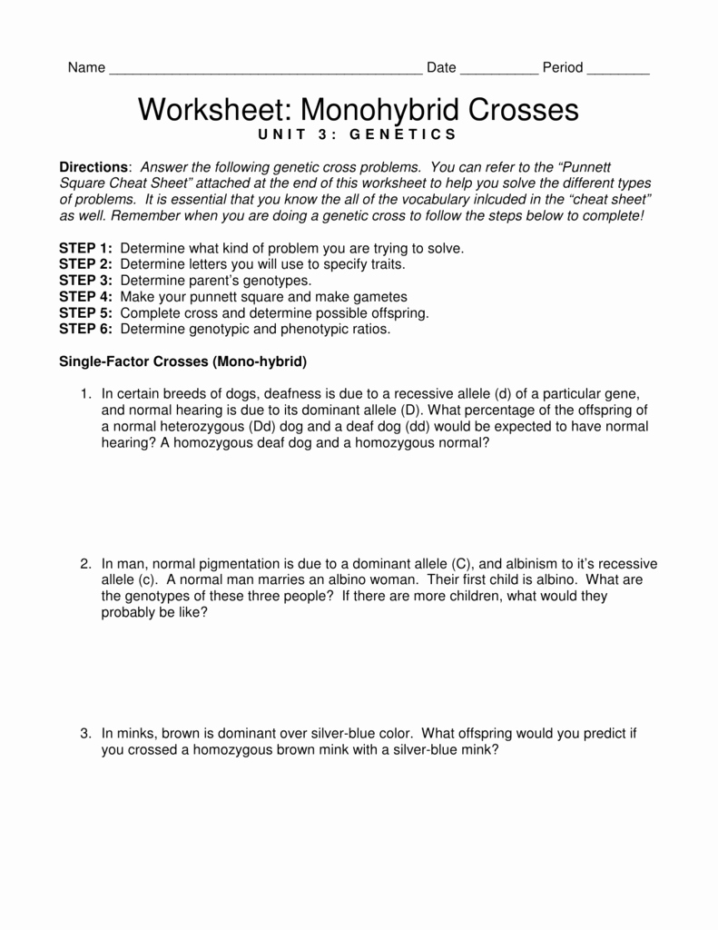 Monohybrid Cross Practice Problems Worksheet Unique Worksheet Monohybrid Crosses