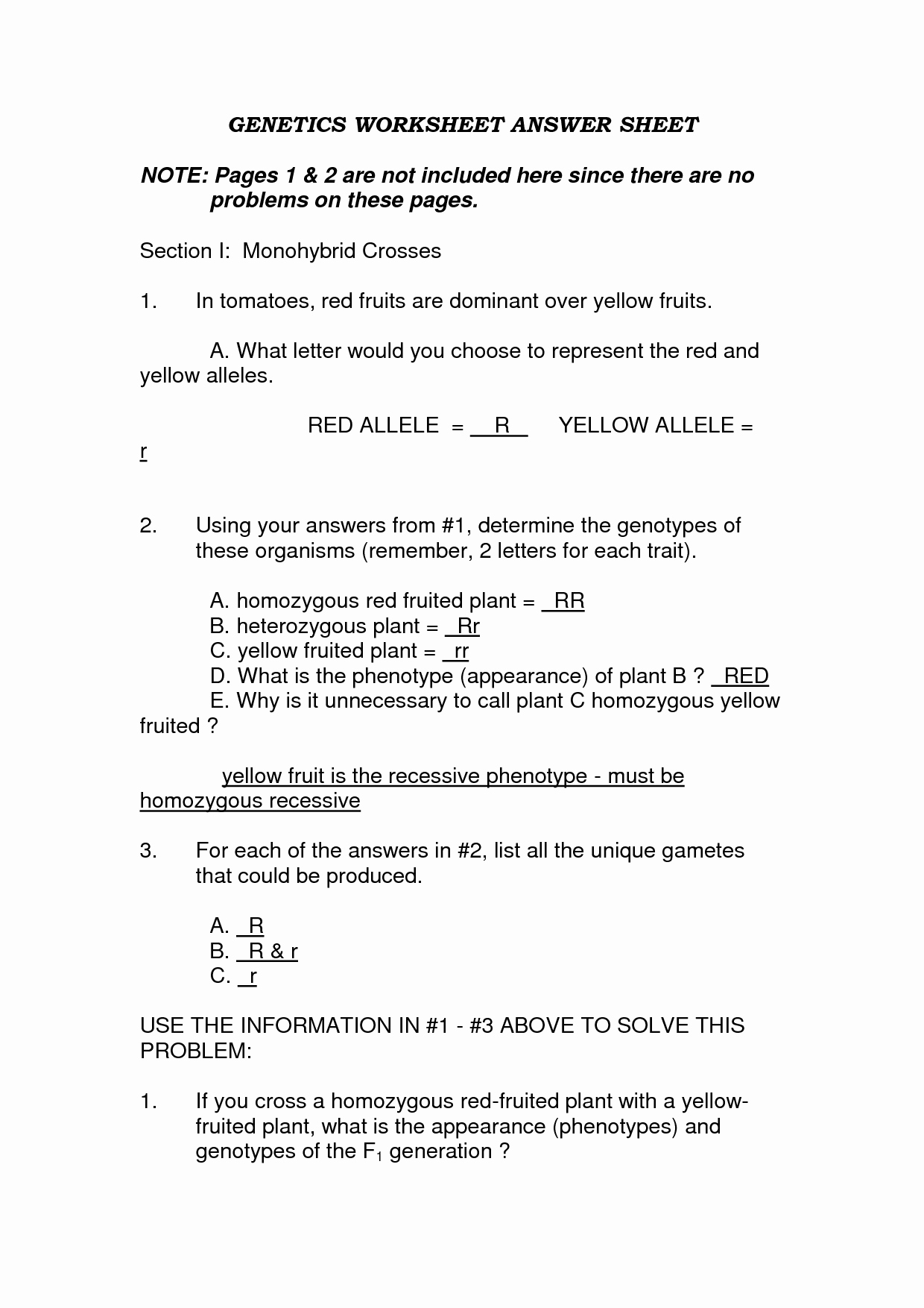 Monohybrid Cross Worksheet Answers Unique 14 Best Of Genetics Problems Worksheet with Answer