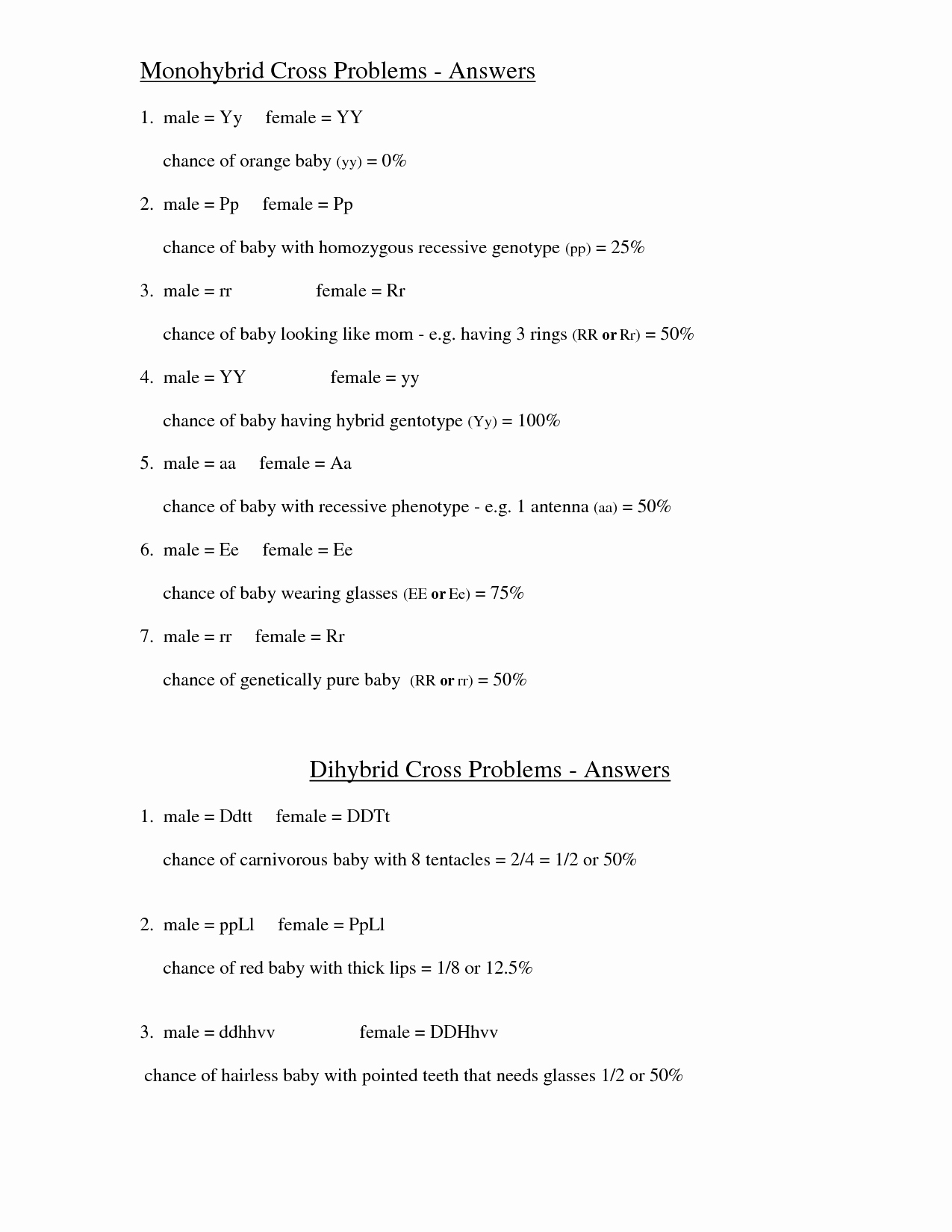 Monohybrid Crosses Worksheet Answers Beautiful 14 Best Of Genetics Problems Worksheet with Answer
