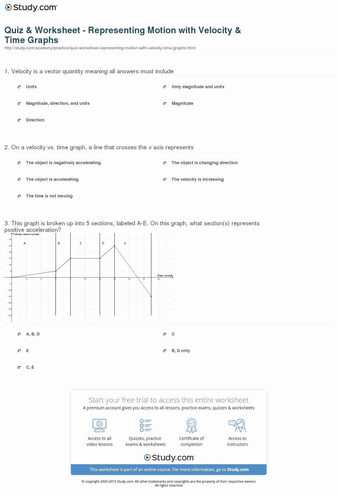 Motion Graphs Worksheet Answer Key Beautiful Quiz &amp; Worksheet Representing Motion with Velocity