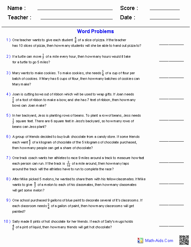 50 Multiplication Fraction Word Problems Worksheet 
