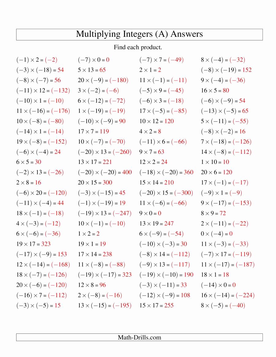 Multiplication Of Integers Worksheet Beautiful Multiplying Integers Mixed Signs Range 20 to 20 A