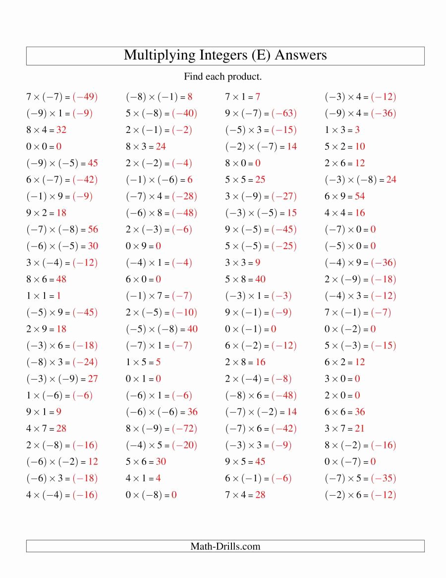 Multiplication Of Integers Worksheet Elegant Multiplying Integers Mixed Range 9 to 9 E