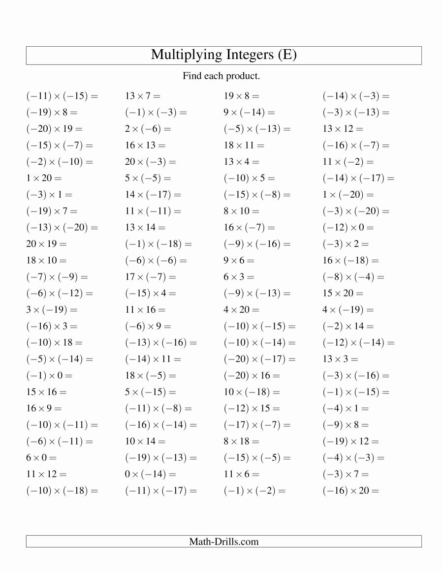 Multiplication Of Integers Worksheet Inspirational Multiplying Integers Mixed Signs Range 20 to 20 E