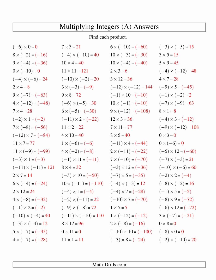 Multiplication Of Integers Worksheet New Multiplying Integers Mixed Signs Range 12 to 12 A