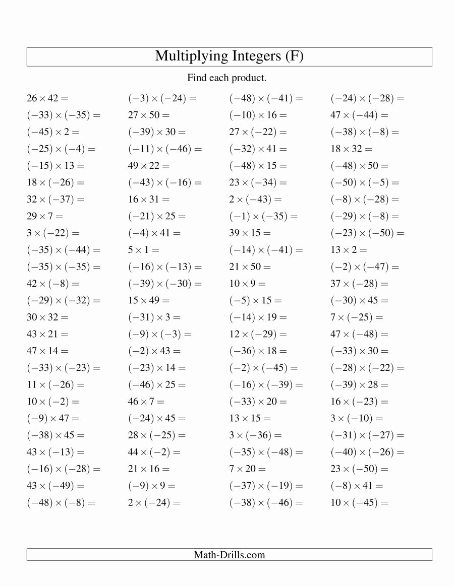 Multiplication Of Integers Worksheet New Multiplying Integers Mixed Signs Range 50 to 50 F