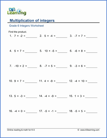 Multiplication Of Integers Worksheet Unique Grade 6 Math Worksheet Integers Multiplication Of
