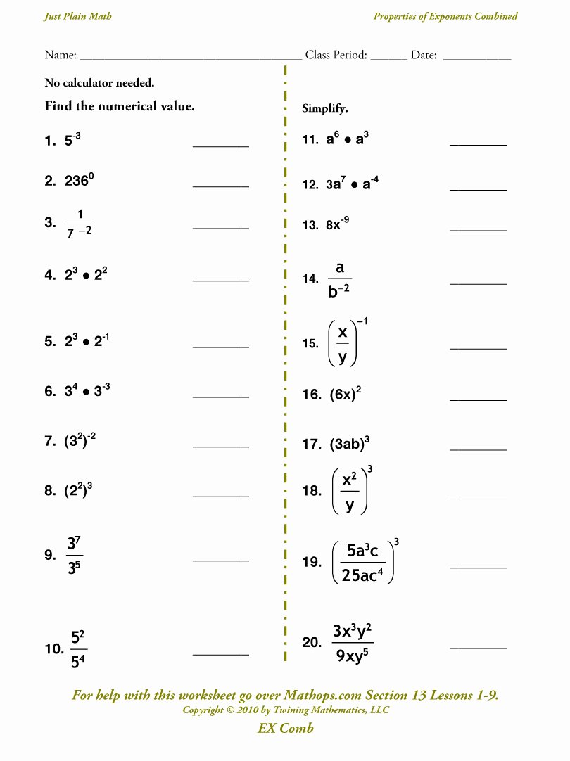 Multiplication Properties Of Exponents Worksheet Inspirational Ex B Properties Of Exponents Bined Additional
