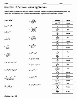 Multiplication Properties Of Exponents Worksheet Unique Properties Of Exponents Algebra Color by Number by