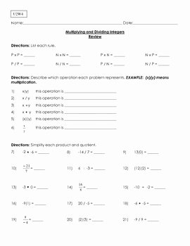 Multiply and Divide Integers Worksheet Inspirational Multiplying and Dividing Integers Worksheet by Middle