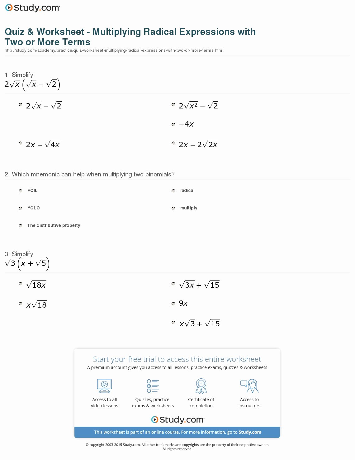Multiply Radical Expressions Worksheet Inspirational Quiz &amp; Worksheet Multiplying Radical Expressions with