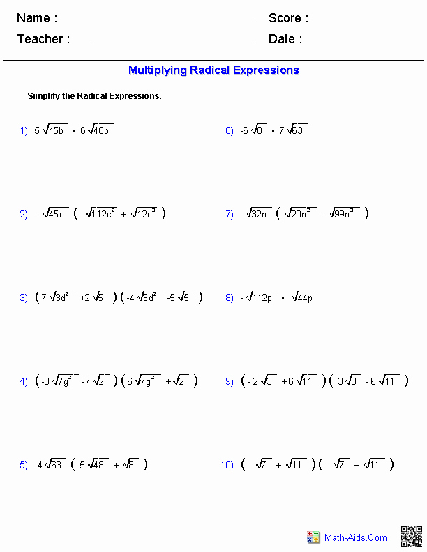 Multiply Radical Expressions Worksheet New Algebra 1 Worksheets