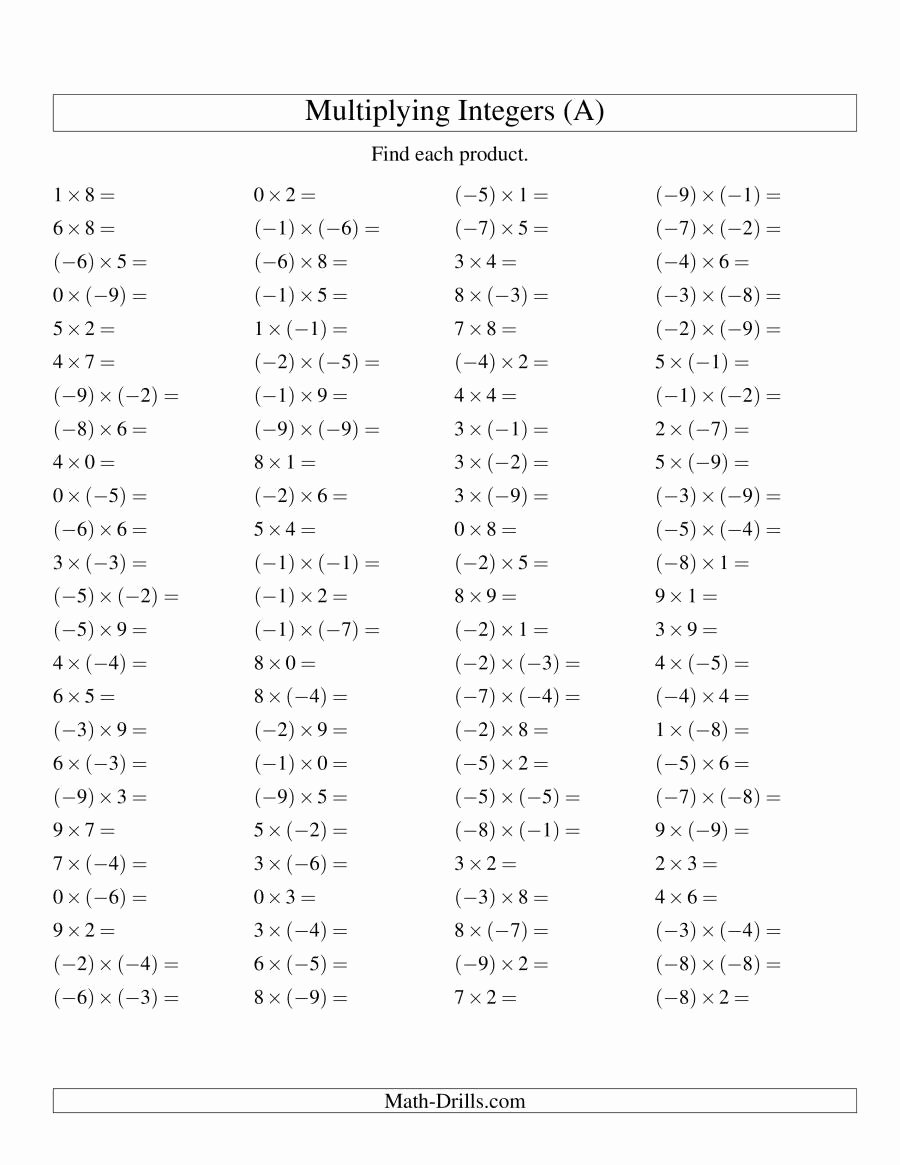 Multiplying and Dividing Integers Worksheet Best Of Multiplying Integers Mixed Range 9 to 9 A