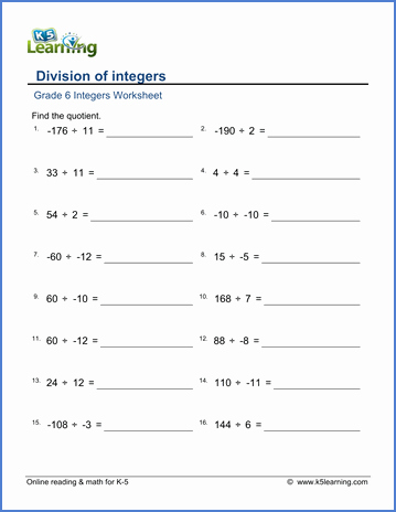 Multiplying and Dividing Integers Worksheet Fresh Grade 6 Integers Worksheets Division Of Integers