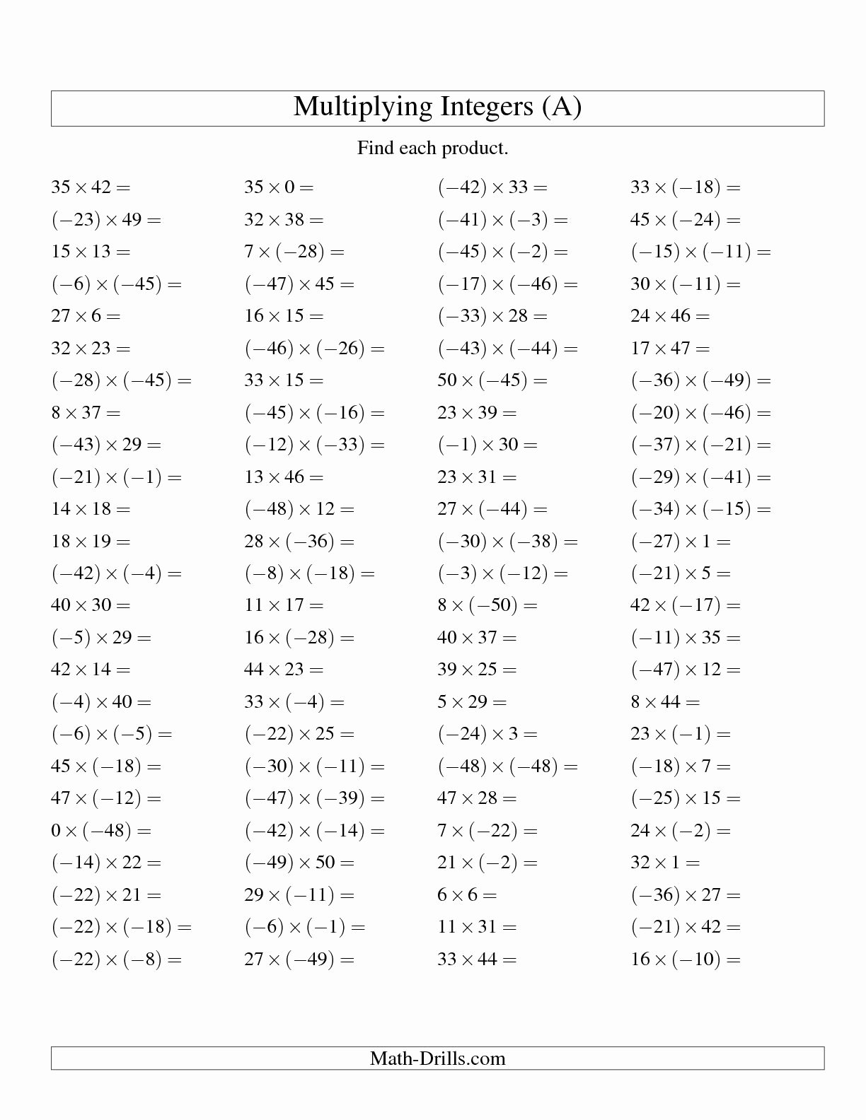 Multiplying and Dividing Integers Worksheet Inspirational 12 Best Of Multiplication Negative Numbers