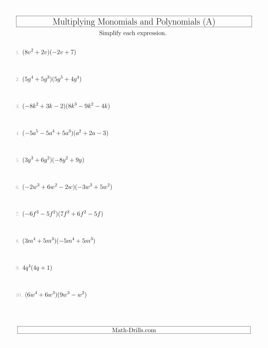Multiplying and Dividing Monomials Worksheet Beautiful Multiplying Monomials and Polynomials with Two Factors
